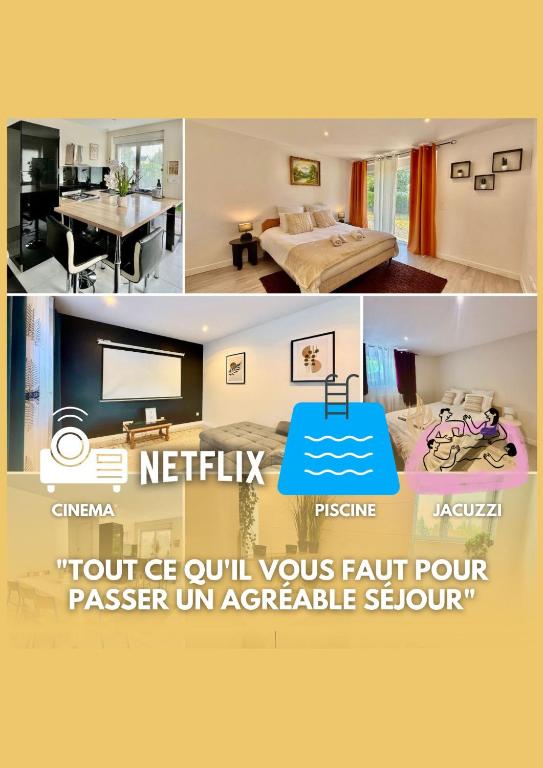 un collage de trois photos d'une chambre dans l'établissement Maison spacieuse avec terrasse - DABNB, à Saint-Brice-sur-Vienne