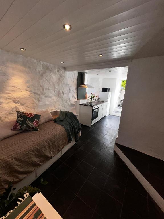 a bedroom with a bed and a sink in it at Cozy apartment in quiet neighborhood in Oslo