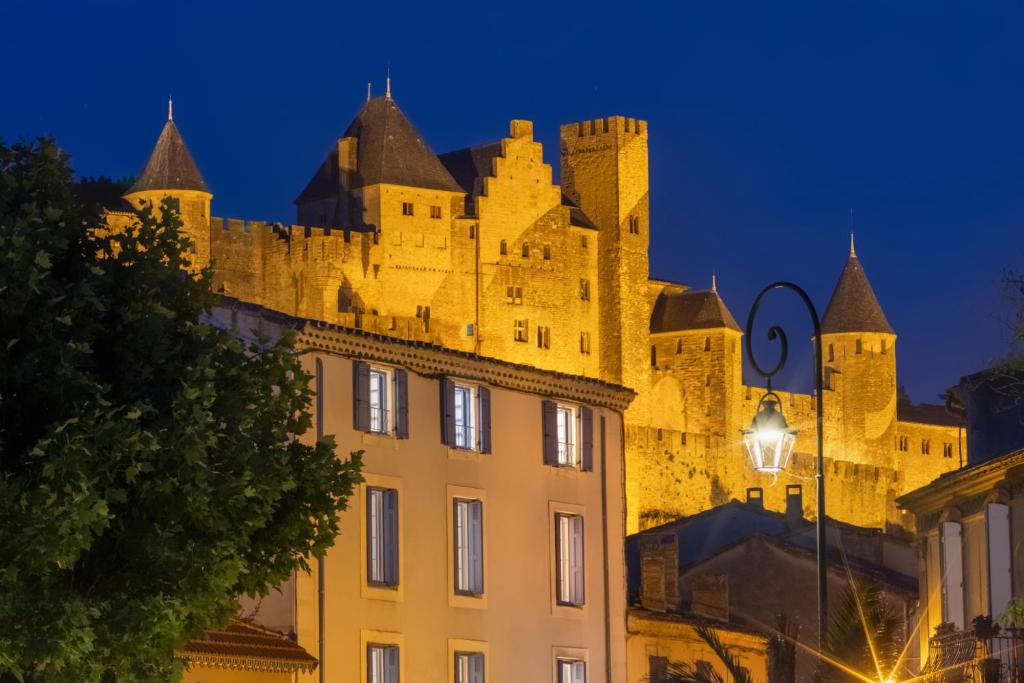 un château au sommet d'un immeuble la nuit dans l'établissement C’est une maison bleue, à Carcassonne