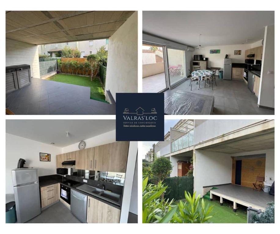 un collage de photos d'une cuisine et d'une maison dans l'établissement Valras Charme & Mer Proche, à Valras-Plage