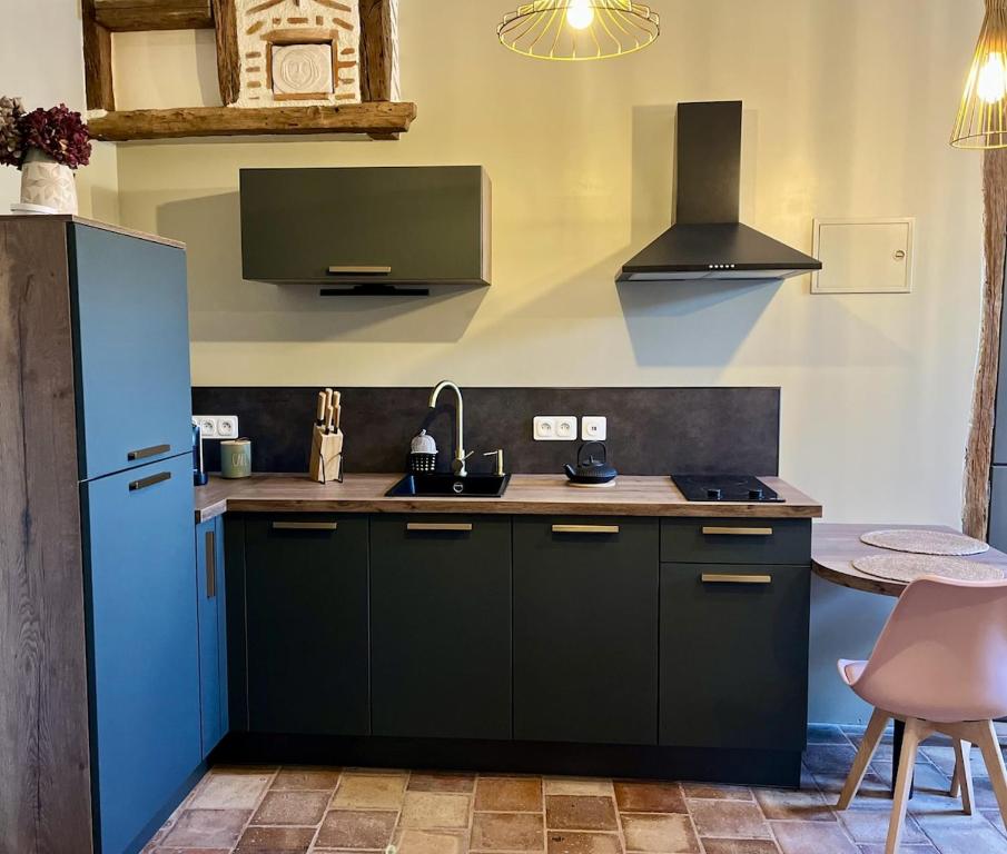 a kitchen with black cabinets and a blue refrigerator at Le Boudoir de Zine, une escapade au cœur des châteaux in Vallères