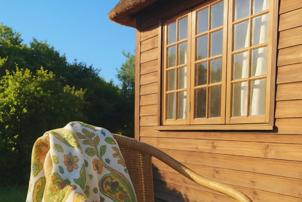 a chair with a pillow sitting in front of a building at African Hut Camp - Free Massage With Sauna And Hot Tub in Tulbagh