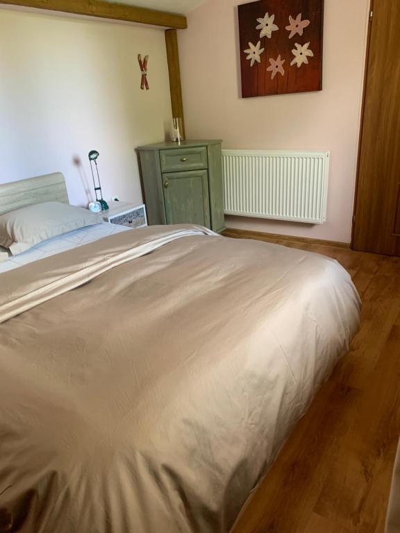 ein Schlafzimmer mit einem Bett und einer grünen Kommode in der Unterkunft Stonava-Mexiko, industry&pohoda-klid in Karviná