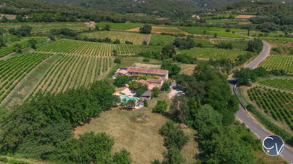 eine Luftaufnahme eines Hauses in einem Weinberg in der Unterkunft Mas des Glycines in Saint-Montan
