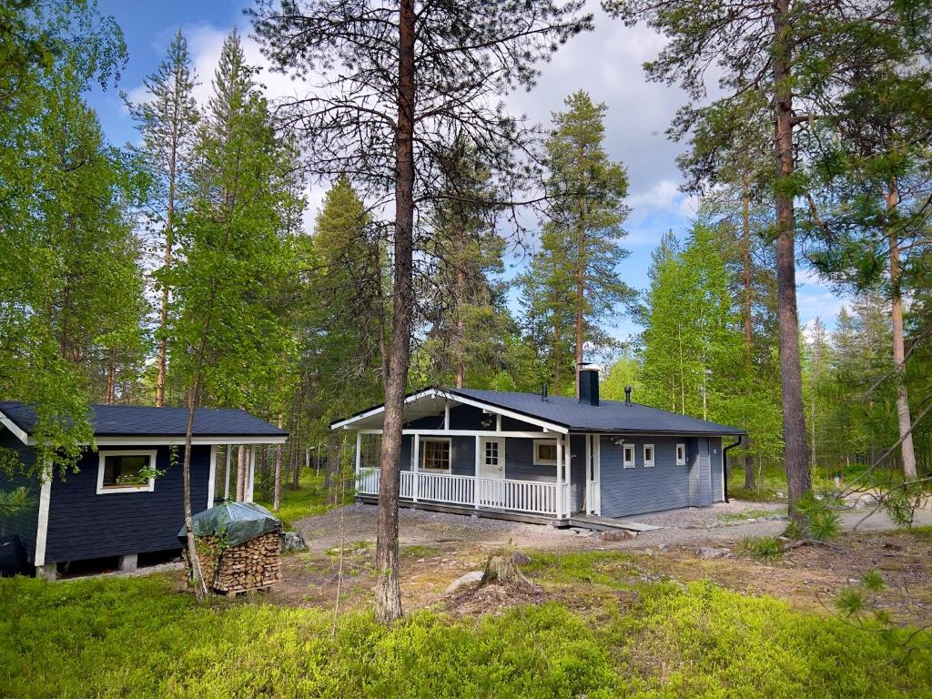 a blue house in the middle of the forest at Riekonsoppi, two bedroom private cabin in Pyhätunturi