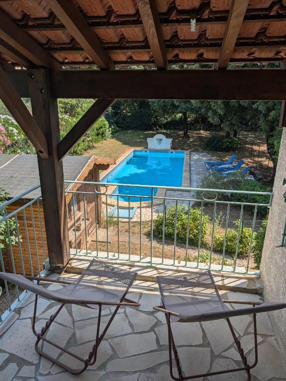 un patio avec deux chaises et une piscine dans l'établissement Le Pistoulet, à Saint-Siffret