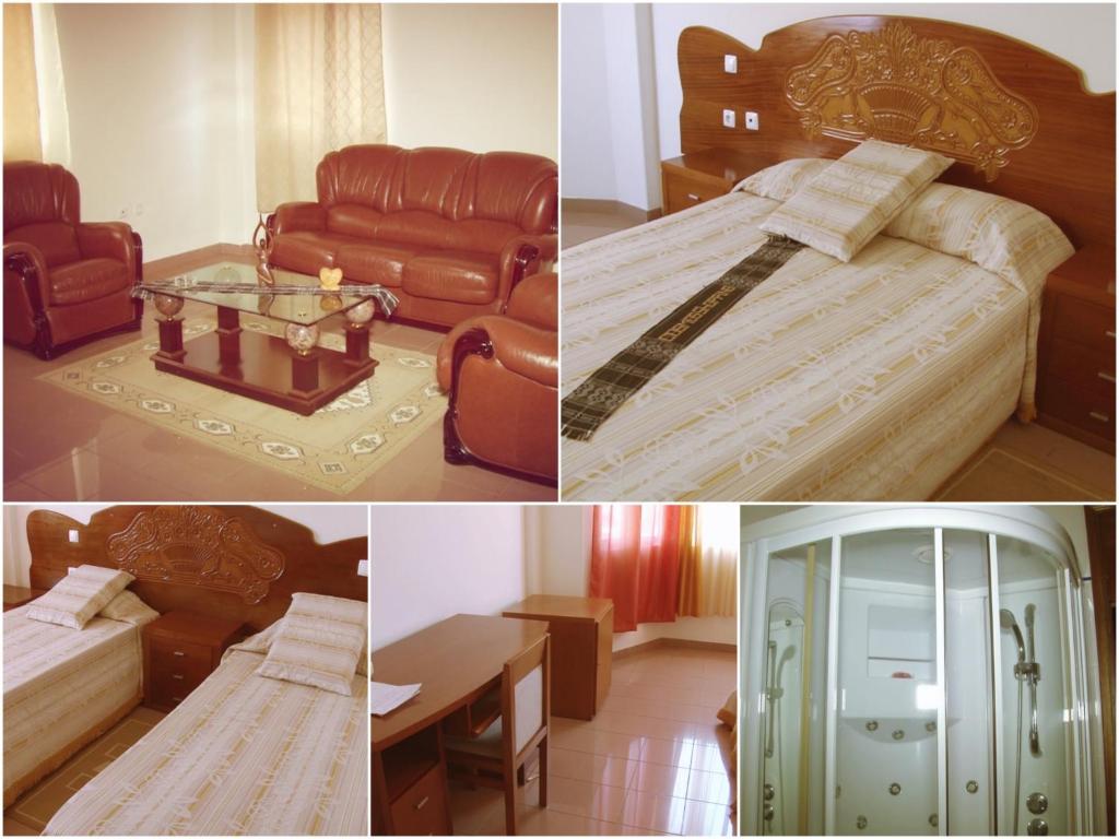 een collage van foto's van een kamer met een bed en meubilair bij Residencial Cosmos in Assomada