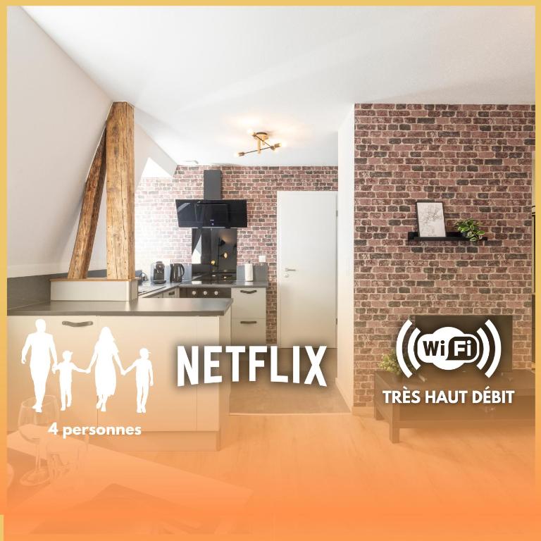 un rendu d'une cuisine avec le logo Netflix dans l'établissement MonSéjourCosy - L'Urban - Cosy - Netflix, à Mulhouse