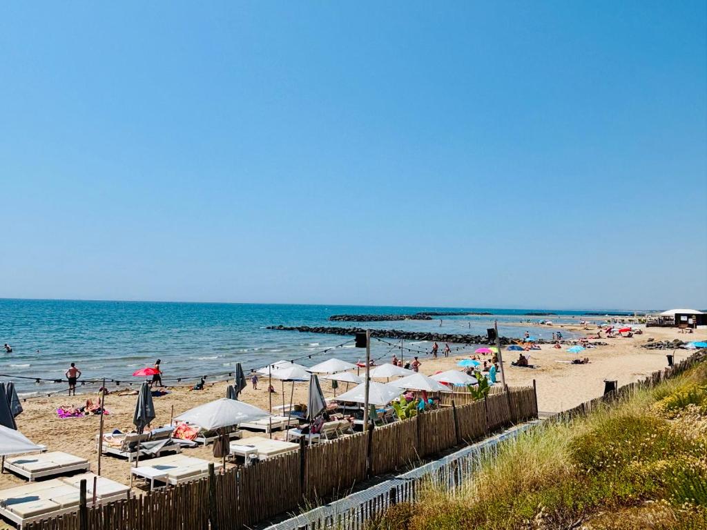- une plage avec un bouquet de parasols et de personnes dans l'établissement LE 209, 3min à pieds de la Plage, tout confort, Terrasse, 2 Parking privée, à Vias