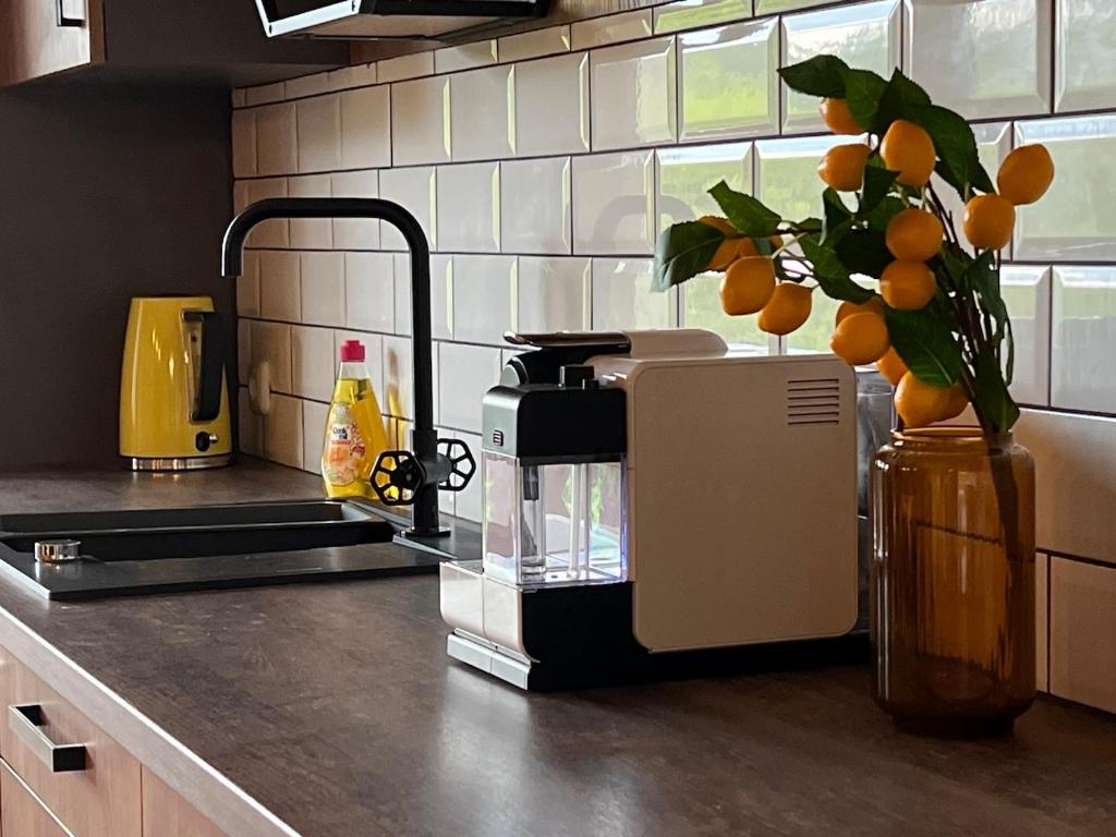 a kitchen counter with a coffee maker and a vase of oranges at MiHome - Grimming View Apartment in Tauplitz