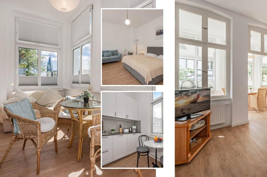 eine Collage mit Fotos von einem Schlafzimmer und einem Wohnzimmer in der Unterkunft Villa Martha Apartment 3 in Heringsdorf