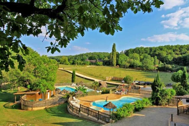 a large swimming pool in a field with a park at Hébergement insolite en Dordogne in Saint-Amand-de-Coly