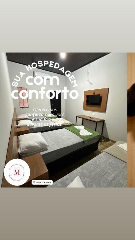 a poster of a room with two beds and a tv at Hotel Manarela in Imperatriz