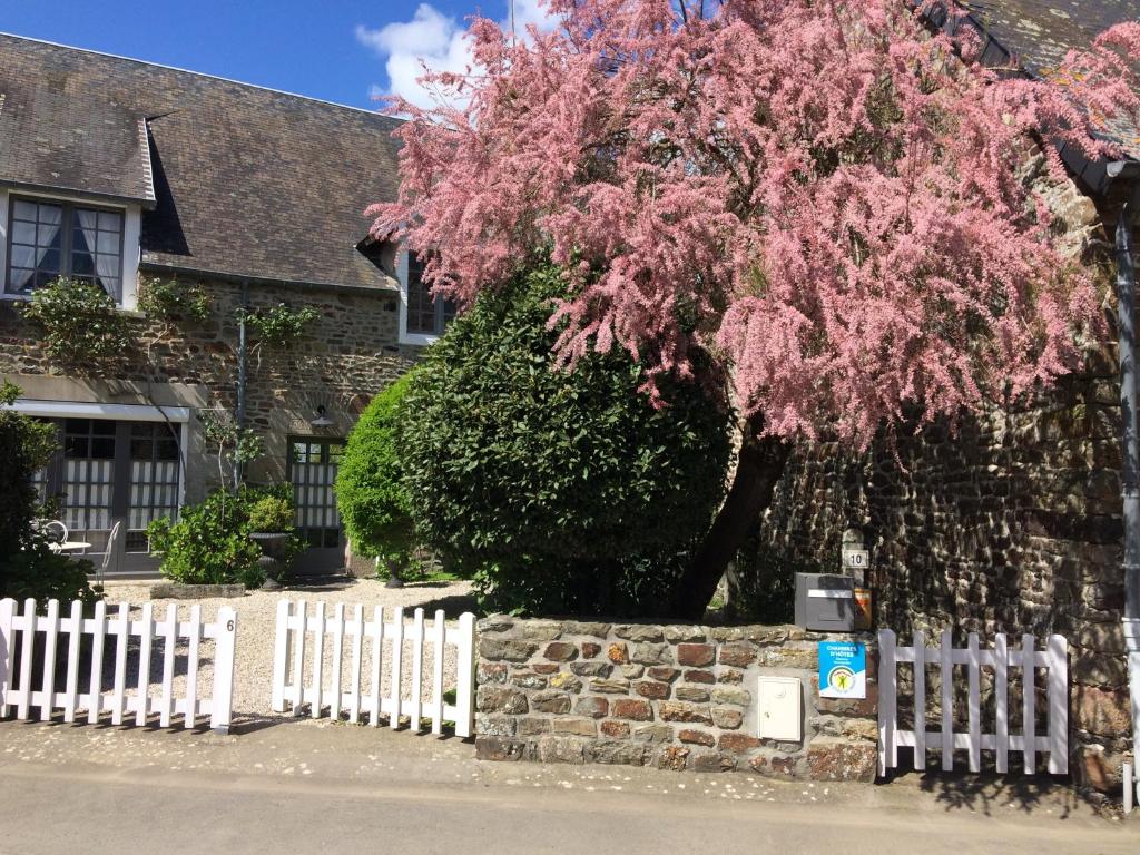 a white fence in front of a tree with pink flowers at Le jardin de Dragey in Dragey