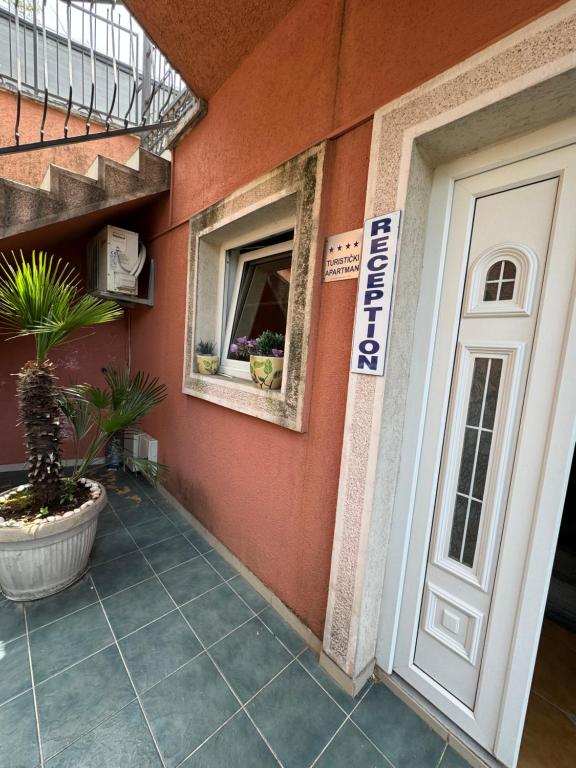 a entrance to a building with a door and a potted plant at Apartment Boka Heart in Plagente