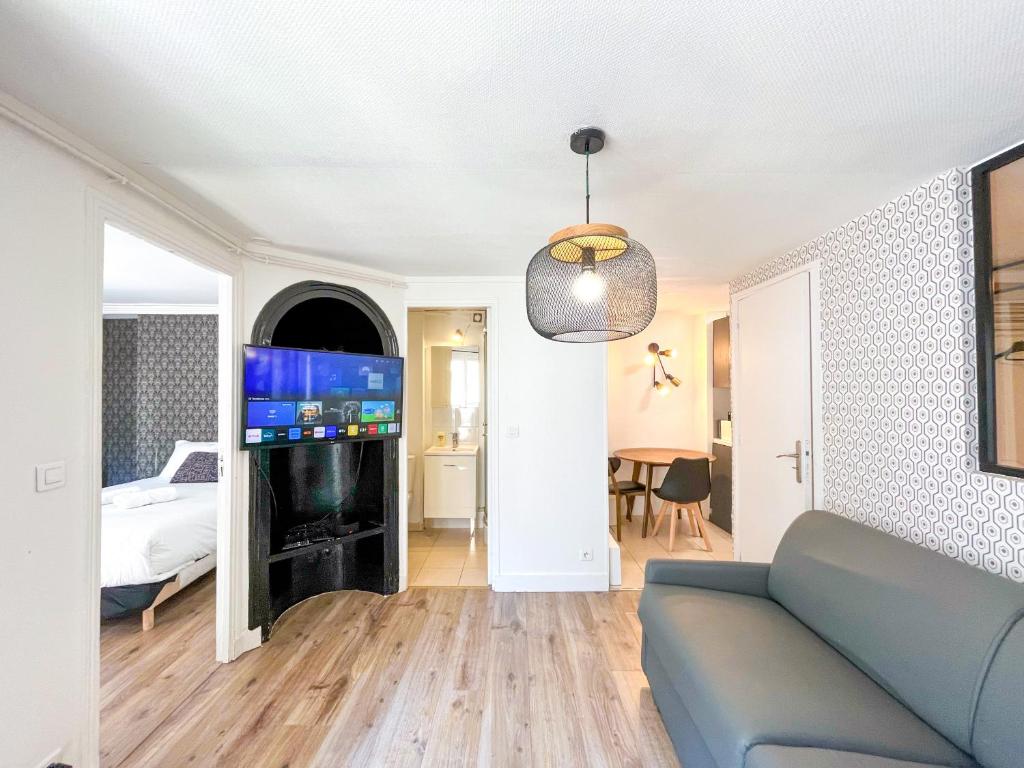 Il comprend un salon avec un canapé et une télévision ainsi qu'une chambre. dans l'établissement 149 - Urban Cosy Flat in Paris, à Paris