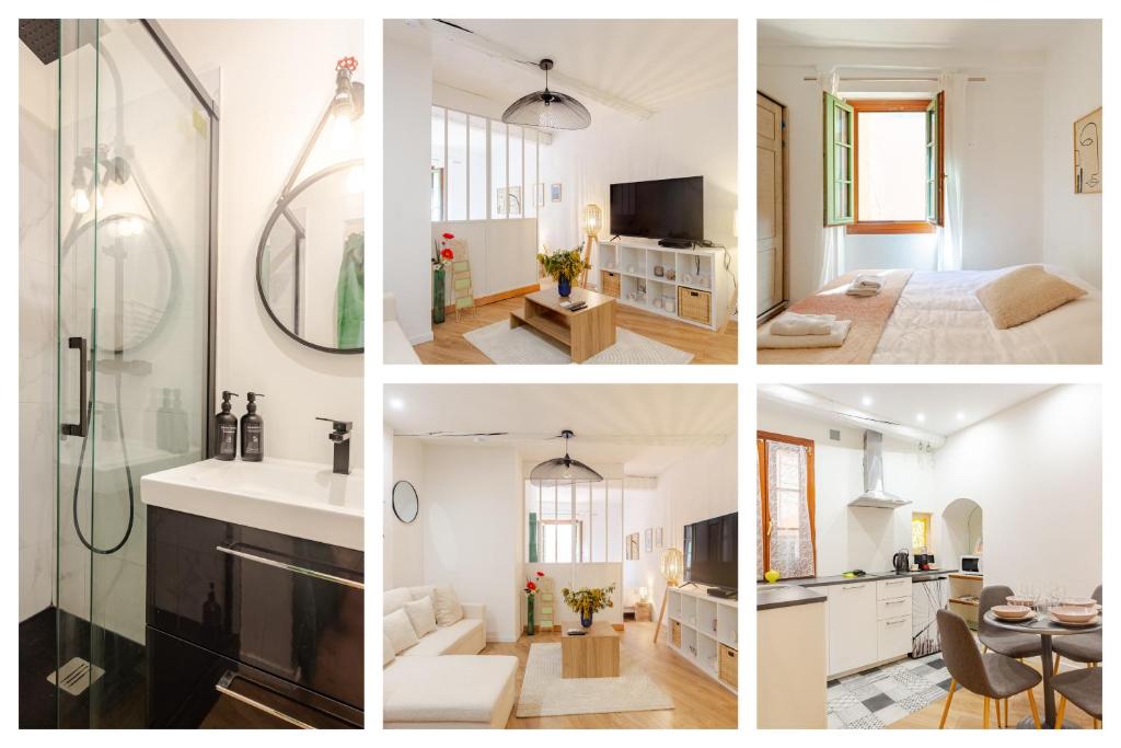 un collage de quatre photos d'une salle de bains et d'une chambre dans l'établissement Cocon charmant et paisible au cœur du Vieux Nice, à Nice