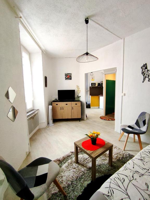 un salon avec un canapé et une table dans l'établissement T1 Cosy au Centre Historique, à Narbonne