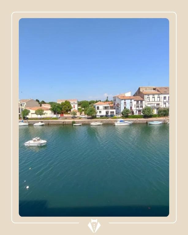 un petit bateau dans une grande étendue d'eau dans l'établissement AGDE : Vue exceptionnelle sur le Fleuve et grand appartement de 2 chambres au cœur du centre historique d'Agde., à Agde