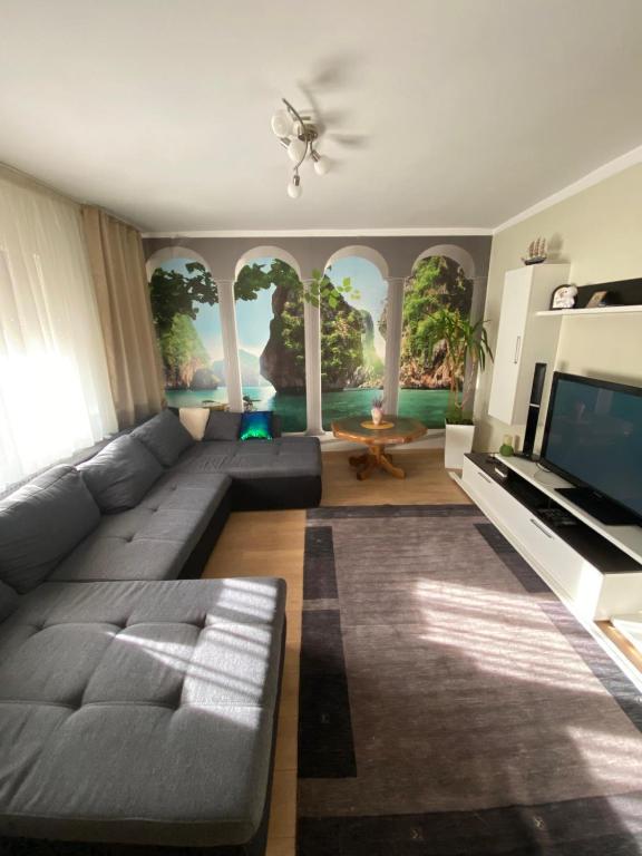 a living room with a couch and a television at Andrada Holiday House in Oradea