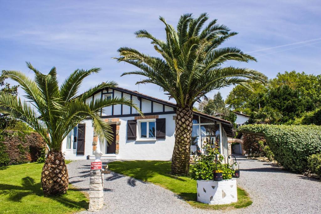 two palm trees in front of a house at Villa Yoda in Saint-Jean-de-Luz