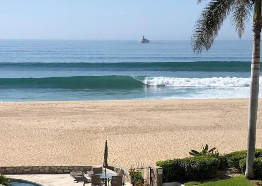 una spiaggia con palme e una barca in acqua di Beachfront Costa Azul Mira Vista Stylish View a San José del Cabo