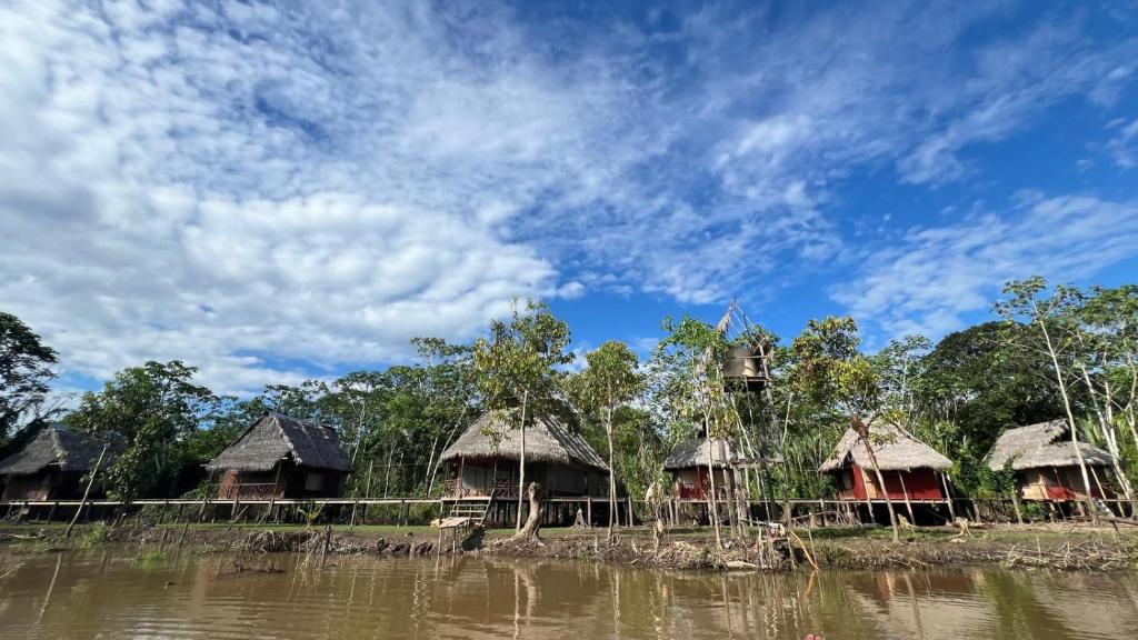 a group of huts on the side of a river at CAMUNGO jungle Lodge in indigenous community ALL INCLUSIVE in Puerto Franco