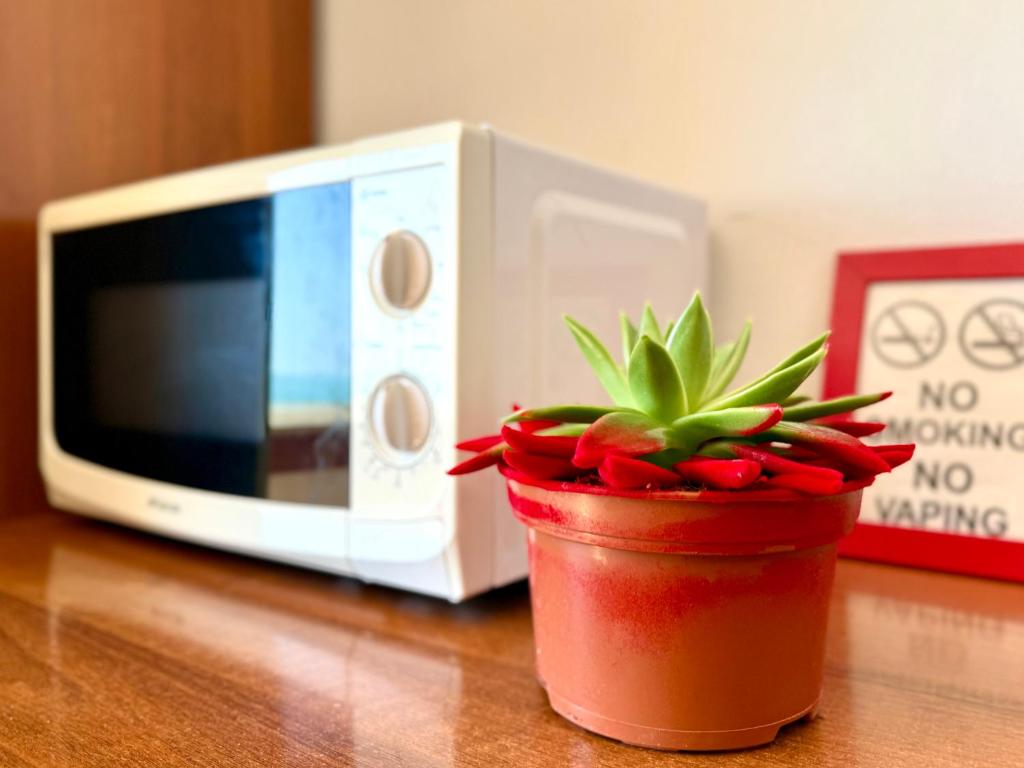 a plant in a red pot next to a microwave at Residence Carioca in Rimini