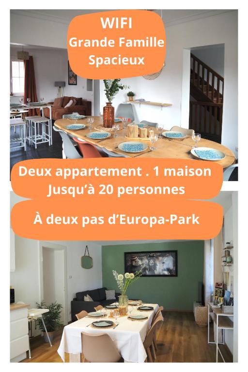 a collage of photos of a dining room and a living room at L'échappée Belle - La Grande Tribu in Rhinau