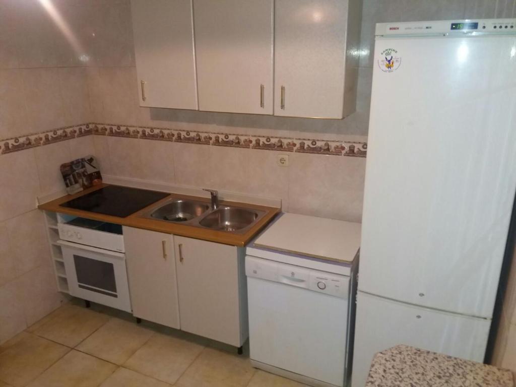 uma pequena cozinha com um lavatório e um frigorífico em Hostal Jose Luis em Brunete