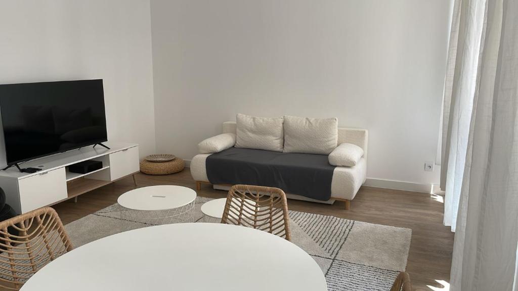 un salon avec un canapé et une télévision dans l'établissement Spacieux 2 pieces a Marseille 1er, à Marseille