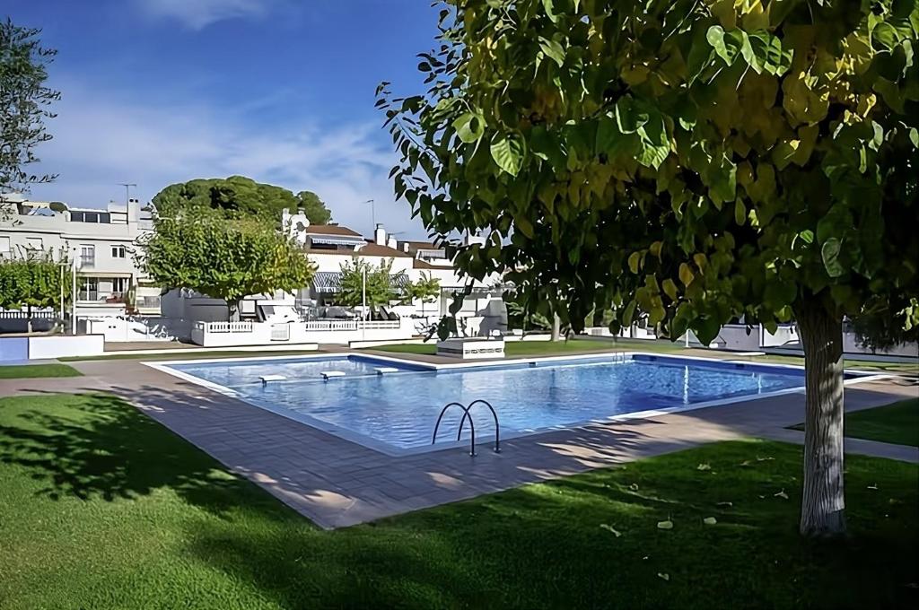 a swimming pool in a yard with a tree at Apartamento con piscina in Torredembarra