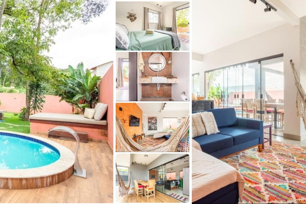 a collage of photos of a house with a swimming pool at Casa com piscina, vista das montanhas, terraço, quintal in Pirenópolis