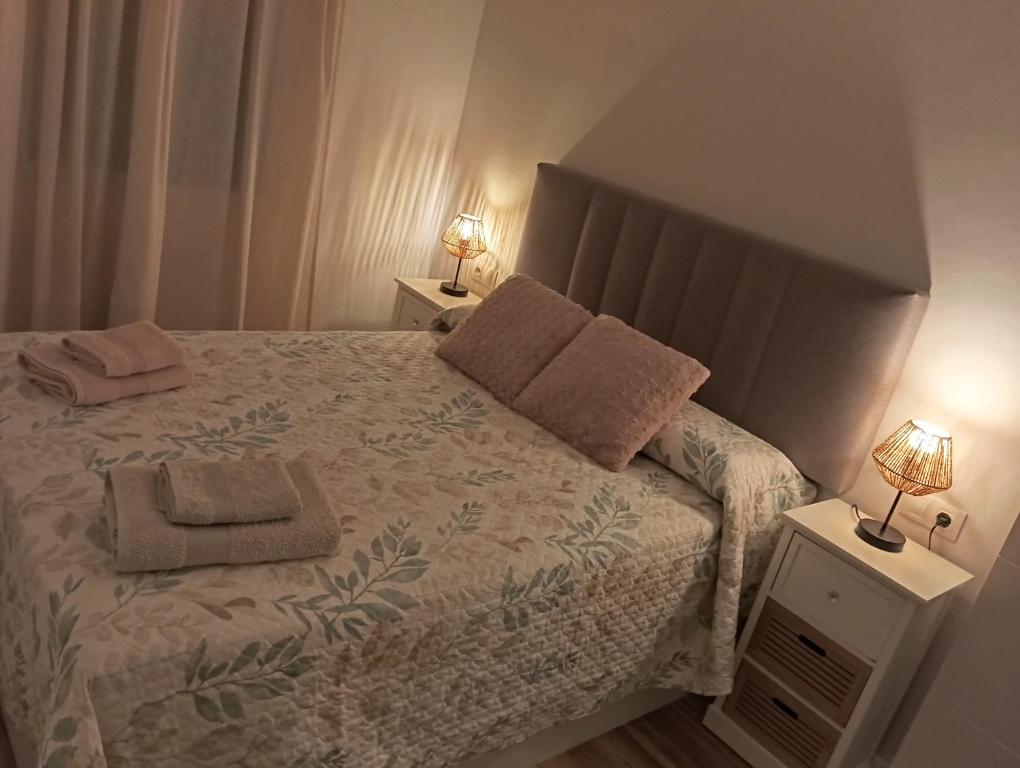 a small bedroom with a bed with two lamps at Apartamento Carmela in Monachil