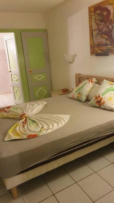 a bedroom with a bed with a green door at Studio à 5 min à pied de la mer in Sainte-Anne