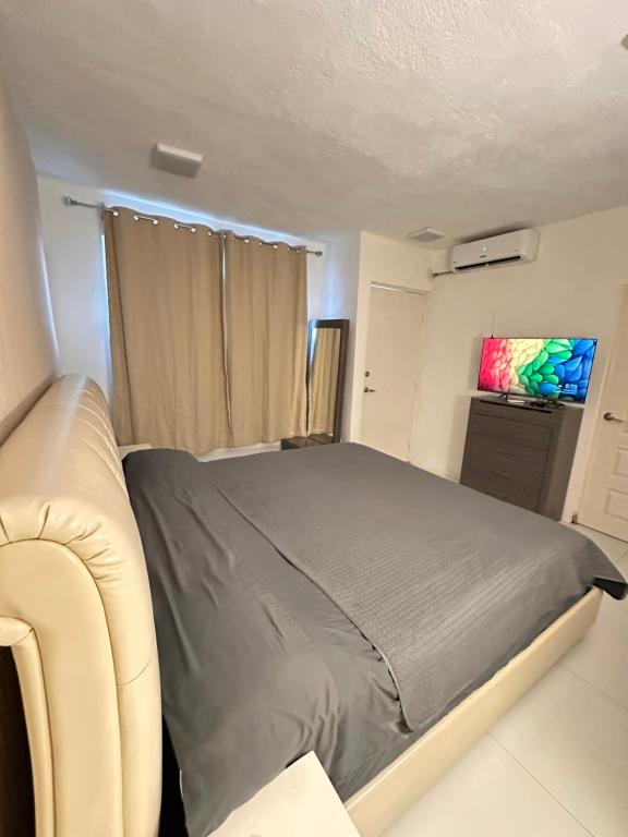 Un dormitorio con una cama, un sofá y un televisor. en Loft de Lujo cerca de la Arena Monterrey y Barrio Antiguo, en Monterrey