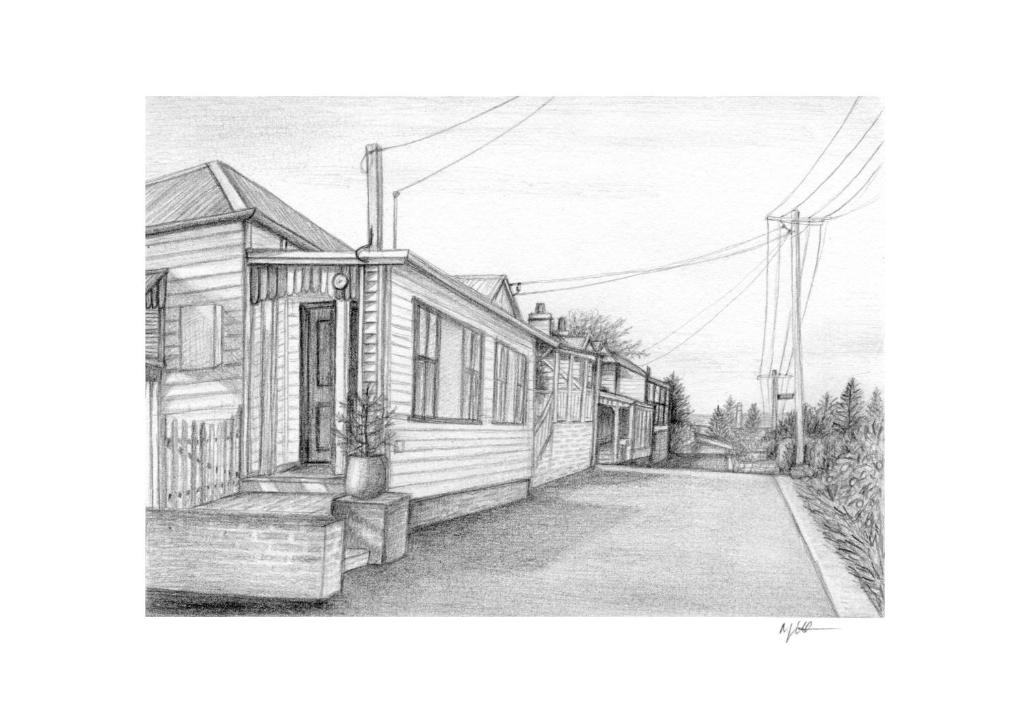 eine Bleistiftzeichnung einer Straße mit Häusern in der Unterkunft Cosy coastal cottage- Allwood Harbour in Kiama