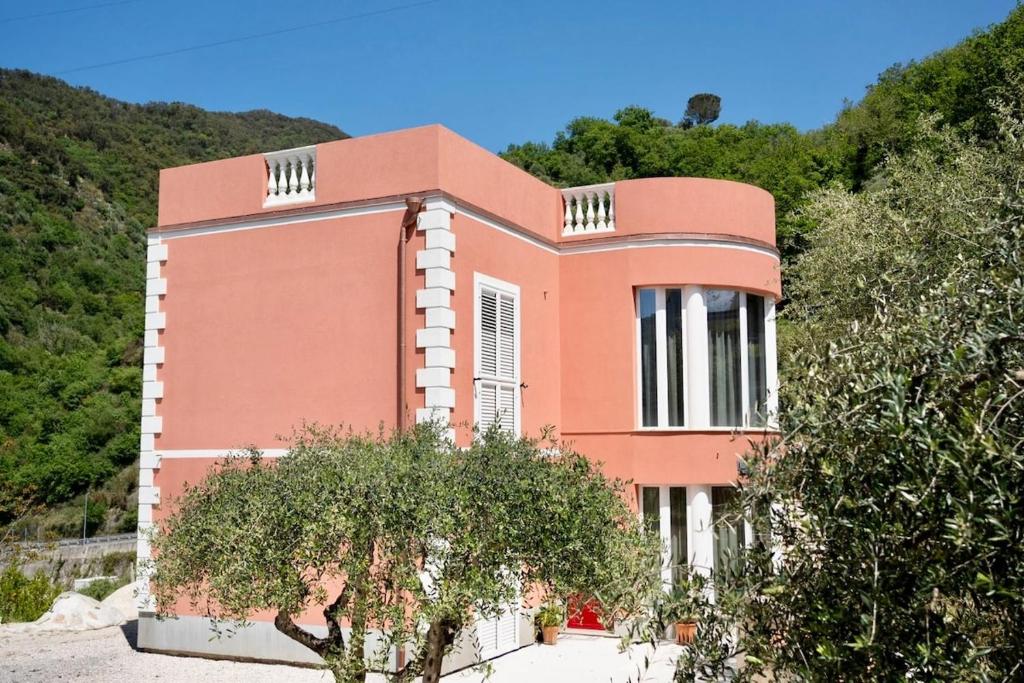 un edificio rosa con un árbol delante de él en Alma Turismo Apartment, en SantʼAngelo di Brolo