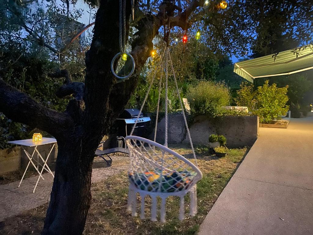 un panier de balles dans une balançoire dans un arbre dans l'établissement Appartement la calador, à Pont-Saint-Esprit
