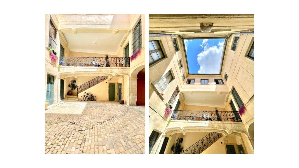 deux photos d'un vieux bâtiment avec un escalier dans l'établissement Hôtel Villard Studio Monument Historique Gard Tourisme, à Nîmes
