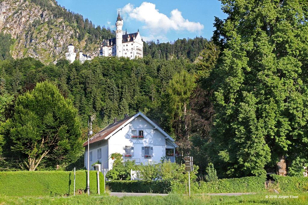 une maison sur le flanc d'une colline avec un château dans l'établissement Romantic-Pension Albrecht - since 1901, à Hohenschwangau
