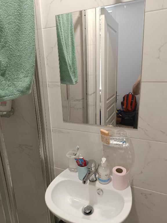 une salle de bain avec un lavabo et un miroir dans l'établissement Studio, à Amiens