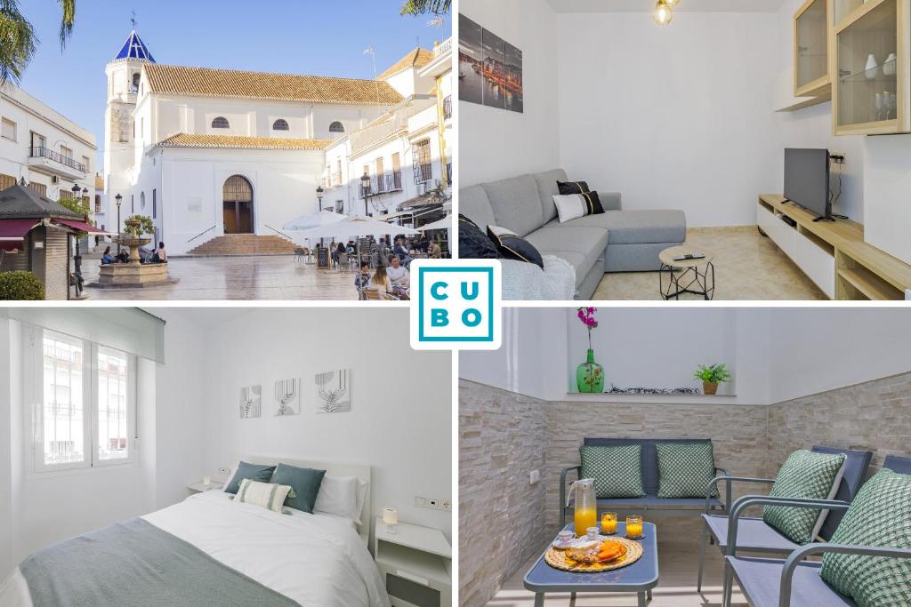 eine Collage mit Fotos von einem Schlafzimmer und einem Wohnzimmer in der Unterkunft Cubo's Lola Nueva House Town Center in Alhaurín el Grande