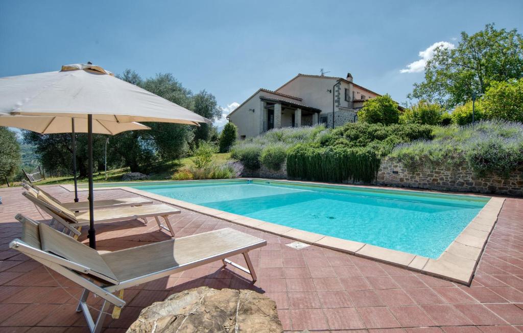 a swimming pool with an umbrella and a chair at Podere Anteata in Montegiovi