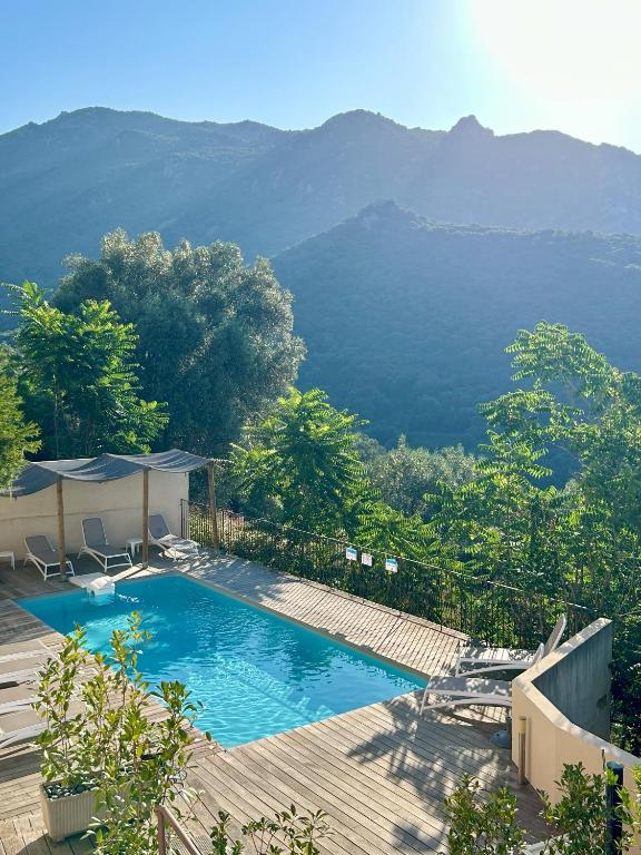 une piscine avec vue sur les montagnes dans l'établissement Hôtel Villa Les Orangers, à Olmeto
