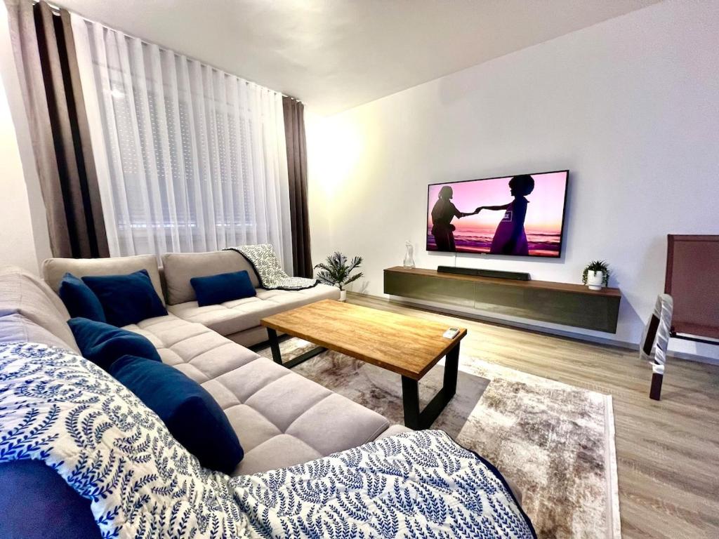 a living room with a couch and a tv at Art superior apartment in Kosovo Polje