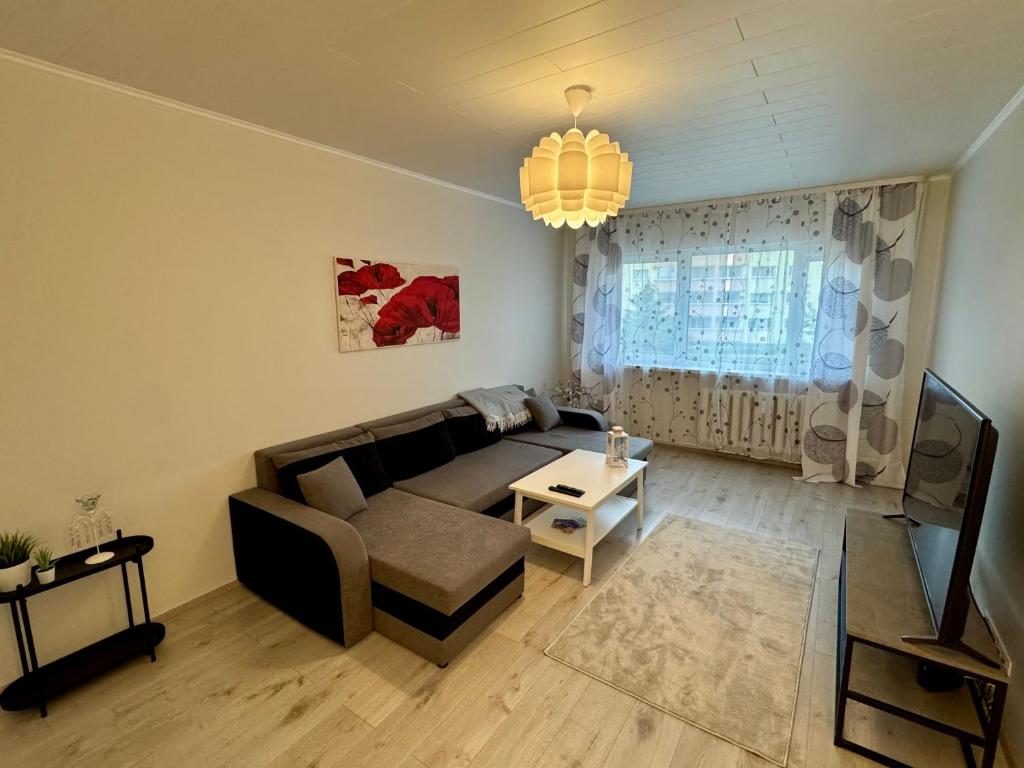 a living room with a couch and a table at Mai 10 apartment in Pärnu