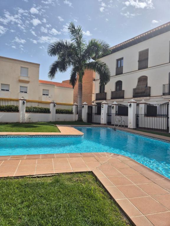 a swimming pool in front of a building with a palm tree at 1 Duplex Las Terrazas Cubes in Vélez de Benaudalla