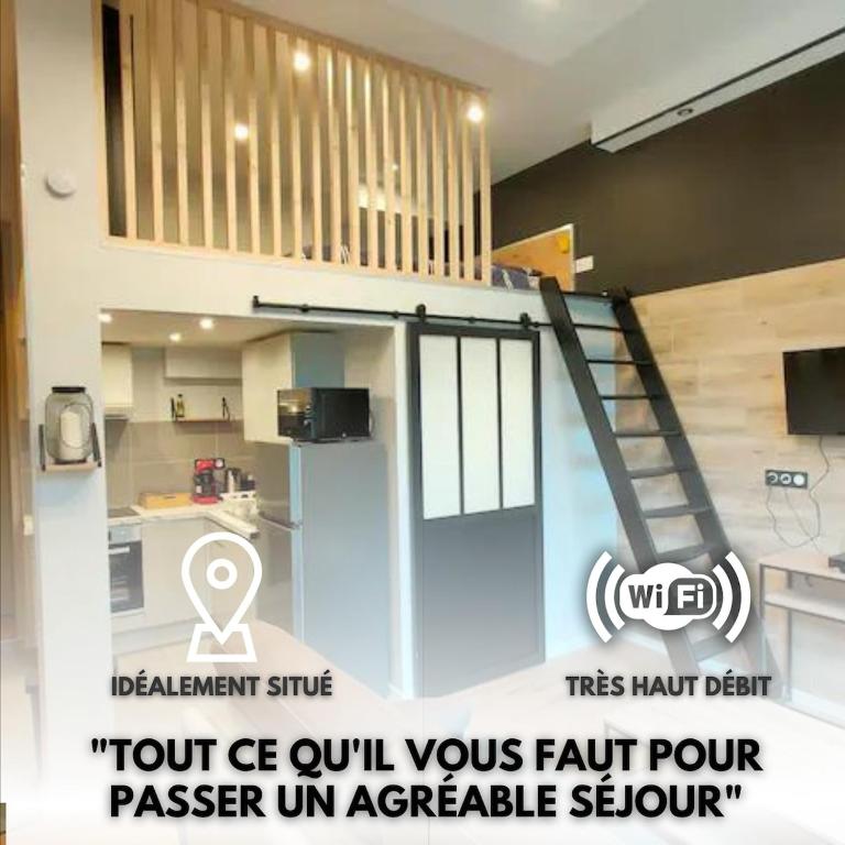a room with a door and a staircase in a kitchen at Loft moderne dans un palace bourgeois in Aix-les-Bains