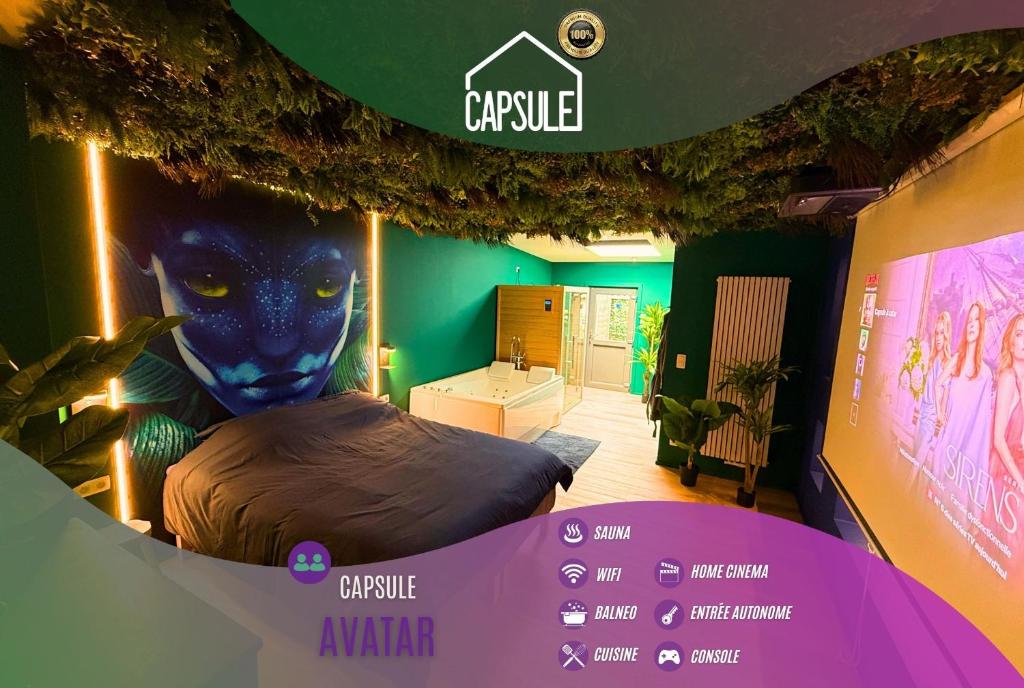 a display of a room with a bed in a room at Capsule Avatar - Balneo Sauna Projecteur Nintendo in Mons